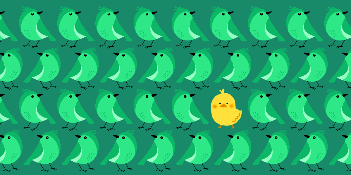 yellow chick standing out among green birds representing choosing one clear audience or topic in Christian communication